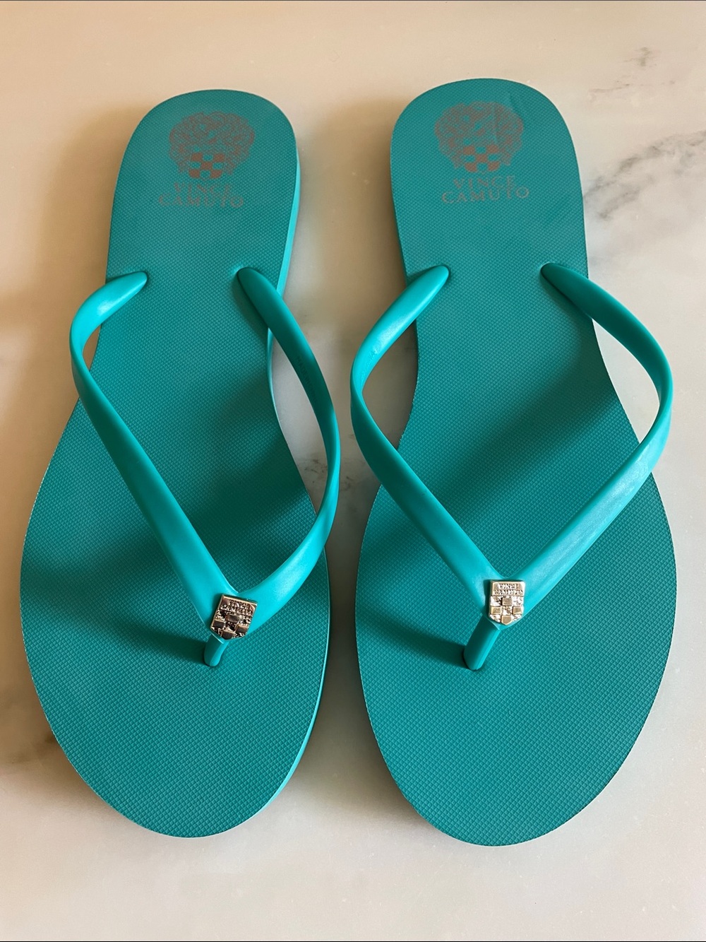 Vince Camuto Teal Flip Flop Sandals with Logo Charm, Size 11